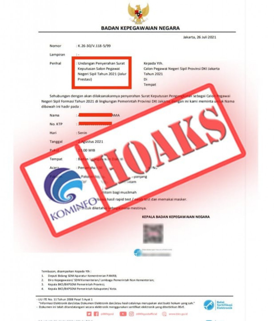 [HOAKS] Undangan Penyerahan Surat Keputusan CPNS 2021 oleh Badan Kepegawaian Negara